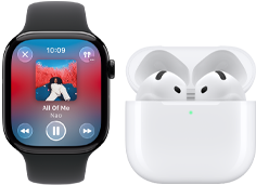 Apple Watch Series 11, boîtier en titane ardoise, bracelet : Bracelet Sport noir, app Apple Music ouverte, associée à des AirPods 4