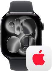 Apple Watch Series 11, boîtier en aluminium noir de jais, côté droit : Digital Crown, Bracelet Sport noir, logo AppleCare+