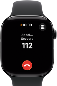 Apple Watch Series 11, boîtier en aluminium noir de jais, appel d’urgence en cours à l’écran, côté droit : Digital Crown, Bracelet Sport noir