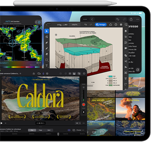 iPad Pro, face avant, orientation paysage, noir sidéral, Apple Pencil posé sur l’appareil, écran affichant plusieurs fenêtres d’apps en mosaïque, dont Final Cut Pro avec plusieurs fonctionnalités de montage vidéo et une timeline, Plans, Notes et différents plans multimédias