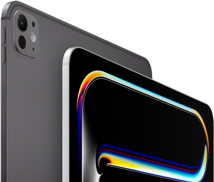 iPad Pro, face arrière, noir sidéral, boutons de réglage du volume et système caméra pro, iPad Pro, face avant, argent, angles arrondis, cadre noir de l’écran, écran affichant un fond noir avec des lignes abstraites multicolores