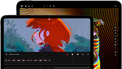 iPad Pro 13 pouces et iPad Pro 11 pouces, face avant, orientation paysage, noir sidéral, angles arrondis, cadre noir de l’écran, écran de l’iPad 11 pouces affichant une image éclatante d’un personnage aux cheveux roux, écran de l’iPad 13 pouces affichant des éléments colorés de l’interface de retouche photo