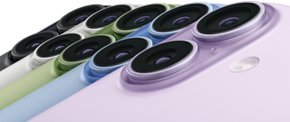 iPhone 17, face arrière, système à deux caméras Fusion, cinq couleurs superposées : noir, blanc, sauge, brume et lavande